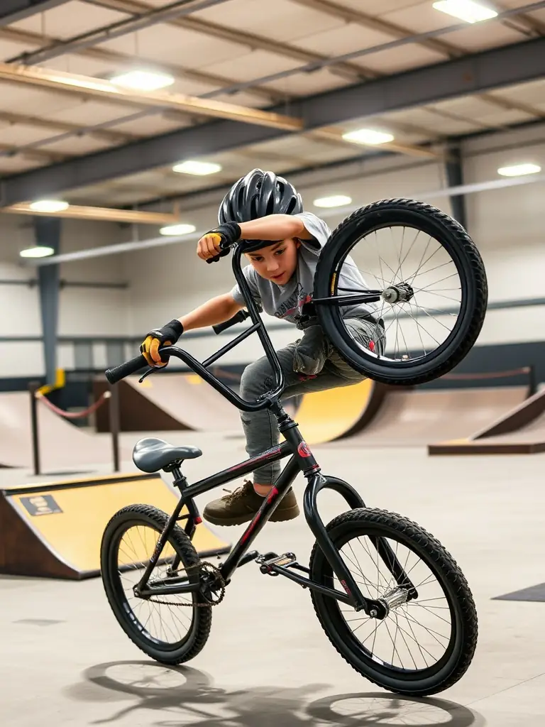 A young BMX rider performing a tailwhip trick at the KTC training facility, showcasing the dynamic nature of the sport and the skills taught in the program.