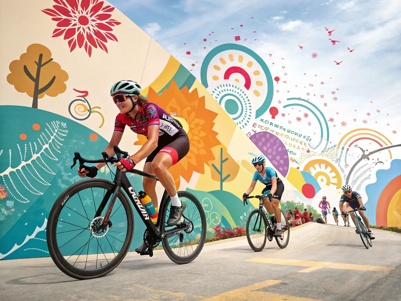 A group of BMX riders performing tricks at a KTC event, showcasing the excitement and skill involved in the sport. The image should convey a sense of community and shared passion.