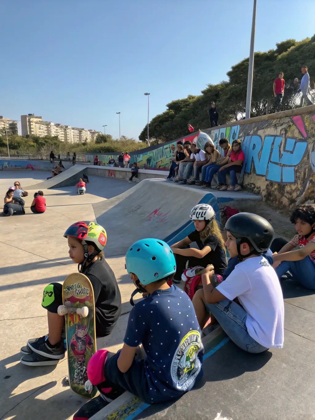 A group of teenagers participating in a skateboarding workshop at KTC, demonstrating the inclusive and community-focused nature of KTC's activities.