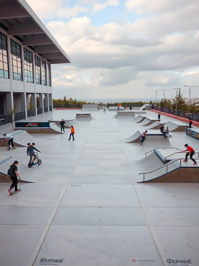 A group of intermediate BMX riders practicing jumps and ramps at the KTC skate park, demonstrating the progression of skills in the intermediate program.