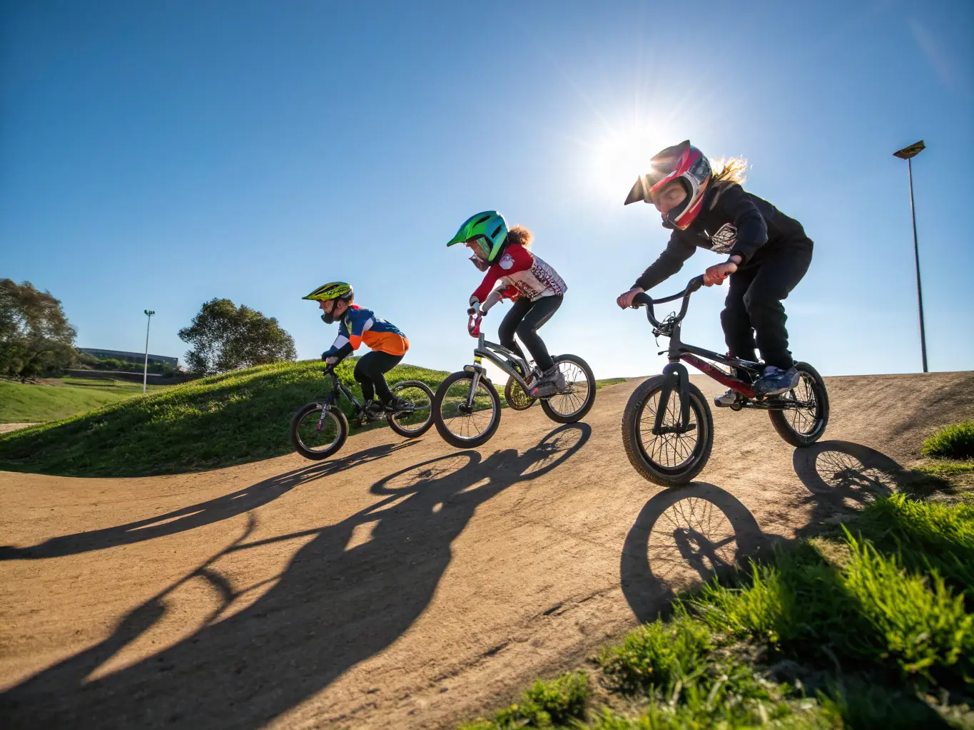 A vibrant image showcasing a group of BMX riders participating in a structured training session at the KTC facility, with coaches providing guidance and support.